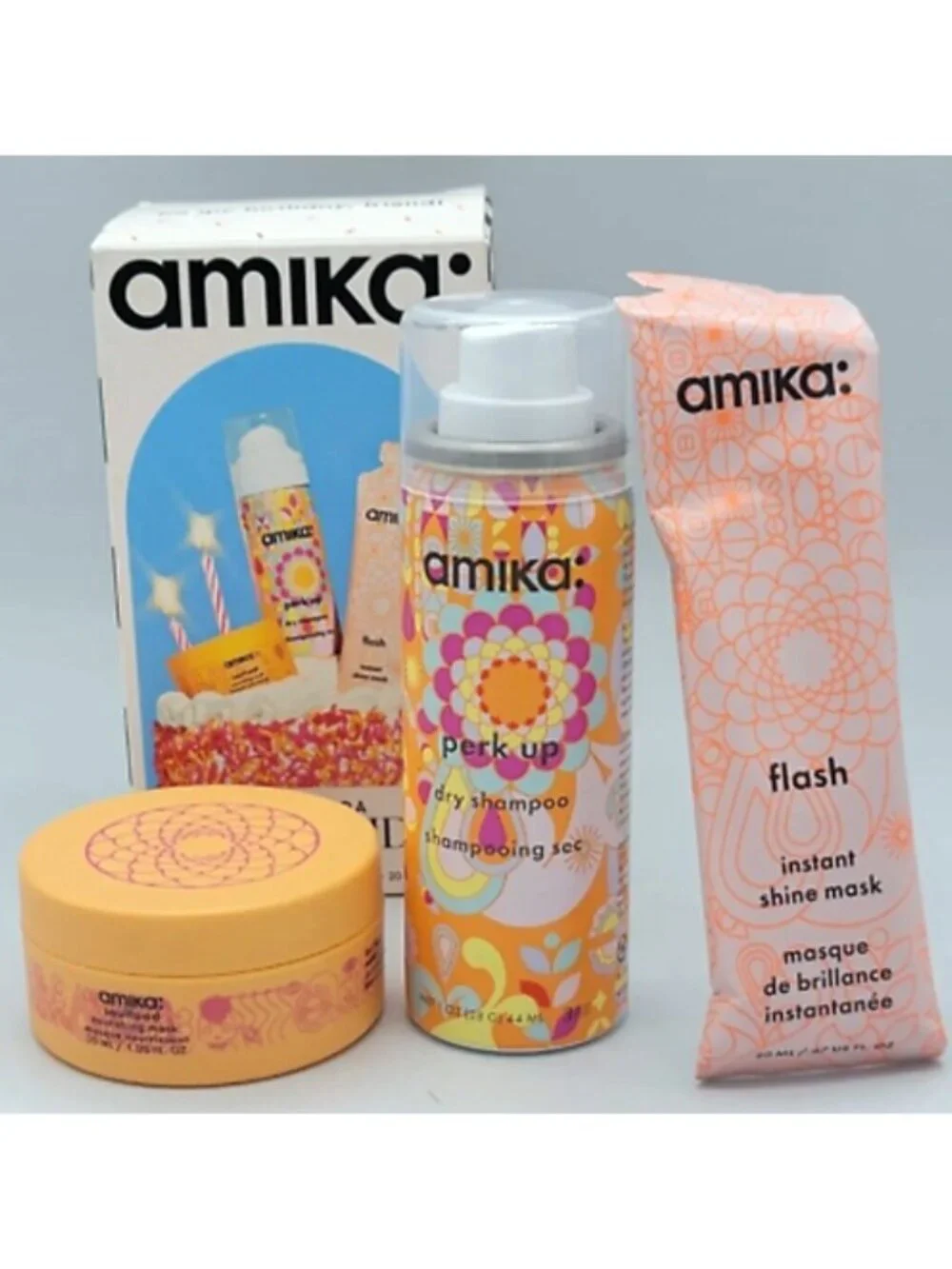 Amika Mini Haircare Set PerkUp Dry Shampoo Soulfood Mask Flash Instant Shine NEW